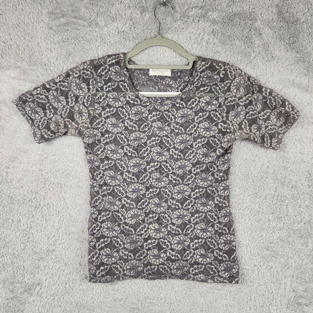 Vintage Lew Magram Blouse Womens Small Gray Lace Floral Top 90s Y2k Whimsigoth